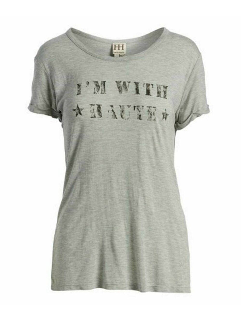 HAUTE HIPPIE I'm with Haute SCOOP NECK Tee Shirt Top Light Grey ( S )